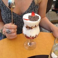 granola parfait with soy yogurt and topped with chia seeds at cacao in Prague