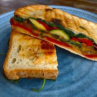 vegan roast veggie toastie in cabinet at Wholefood Merchants in Ferntree Gully
