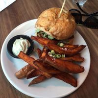 classic burger and sweet potato fries! amazing!  at Mildreds - Camden in North West London