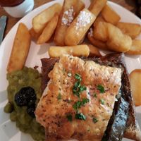 Mushroom pie, chips, mushy peas at Mildreds - Camden in North West London