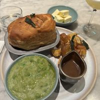 Vegan pie with mushy peas, gravy and roast potatoes.   at Mildreds - Camden in North West London