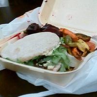 Veggie burger (made with chickpeas, black beans, pinto beans). Much better than average. Beet salad roasted vegetables came as side dishes. at Sassool in Raleigh