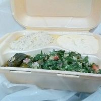 Sassool platter, includes, tabouli salad, baba ganouche, hummus, grape leaves. at Sassool in Raleigh