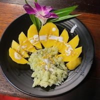 Mango sticky rice pandan  at Thai Farm Cooking School in Chiang Mai