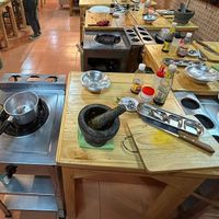 Individual cooking stations  at Thai Farm Cooking School in Chiang Mai