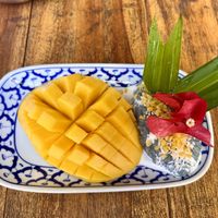 Mango sticky rice (butterfly pea)   at Thai Farm Cooking School in Chiang Mai