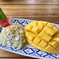Mango sticky rice (pandan)   at Thai Farm Cooking School in Chiang Mai