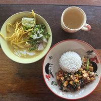 Khao soi (curry) and stir-fried tofu with holy basill  at Thai Farm Cooking School in Chiang Mai