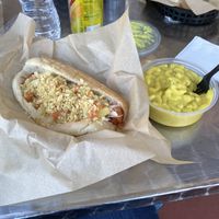 Columbian Vegan dog, vegan mac! at Simon's Hot Dogs in Scottsdale