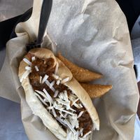 Vegan cowboy dog, vegan empanadas  at Simon's Hot Dogs in Scottsdale