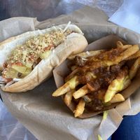 Vegan chili cheese fries and Colombian  at Simon's Hot Dogs in Scottsdale