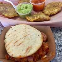 Chorizo and cheese arepa with patacones (fried plantain) at Simon's Hot Dogs in Scottsdale