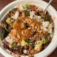 Golden Rice bowl with tofu (vegan) at Hopscotch Coffee in Bloomington