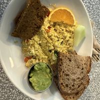Hop Scramble with Vegan Sausage and Toast w/ mashed avocado   at Hopscotch Coffee in Bloomington