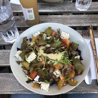 Tofeta, roasted and marinated veggies, red cabbage and i had a salty roll on the side which was reaaaally good ! at Against the Grain in Lyon