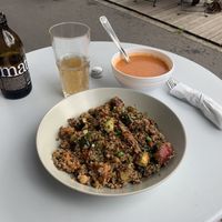 Quinoa salad, gazpacho soup and Charitea mate at Against the Grain in Lyon