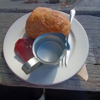 Donut with jam and coconut cream/yoghurt at Bach on Breakwater in New Plymouth