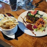Great veggie stack & fries with great aioli ~ Yum! at Bach on Breakwater in New Plymouth