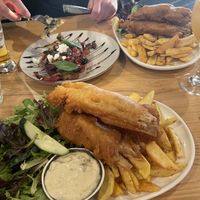 Vegan fish and chips and vegan bruschetta with vegan feta  at Waves on the Beach in Frankston