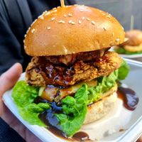 British Roast Lunch Chicken Burger - crispy soythern fried ch, stuffing, roast taters and sauce made a perfect combo. at Woking Amazing in Northcote