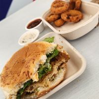 Kyiy Southern fried chicken burger with onion rings and truffle mayo at Woking Amazing in Northcote