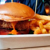 Zinger chicken burger with chips at Woking Amazing in Northcote