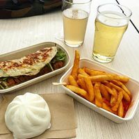 Duck pancake, BBQ pork bao and fries with sweet chilli sauce at Woking Amazing in Northcote