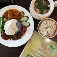 Nasi Lemak. Note the curry is not vegan as they mock meat has eggs in them. They gave us potatoes instead but after I finished my meal I found out they didn't cook the potatoes separately. I guess my chat with them got lost in translation... Perhaps I can ask for more vegetables next time or ask to cook one separately  at Love Earth Cafe in Kepong