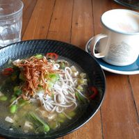 Miso soba noodle soup + chai with oat at Wide Open Road in Brunswick