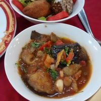 Hot dishes (moussaka, falafel and vegetables fritters) at Le Cedre in Nantes