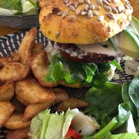 Burger w wedges at Diggers Vegie Kitchen in Anglesea