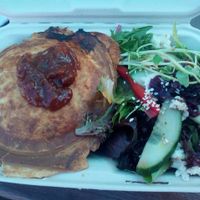 Indian veggie curry pie with a chutney, side salad with delicious nut cheese. at Diggers Vegie Kitchen in Anglesea