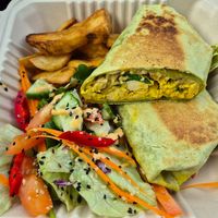 Scrambled tofu wrap w/cherry tomatoes, spinach, cashew cheeze, mango chutney $26.00: fresh and tasty at Diggers Vegie Kitchen in Anglesea