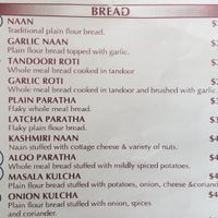 Bread menu ( Vegan/vegan options available circled) at Curry Town in Carrum Downs
