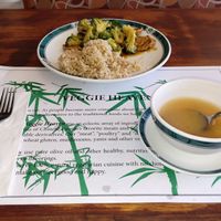 Chicken and broccoli and Miso soup lunch special ето bueno at Veggie Heaven in Montclair