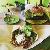 Mango lassi, veggie burger and burrito at Garden of Eden in Santa Elena De Monteverde