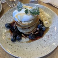 American pancakes with maple syrup, blueberries and blackberries   at Mahalo - Hornsgatan in Stockholm