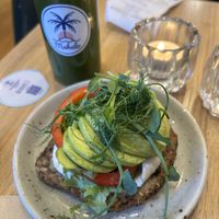 Avo sandwich with cashew cream cheese and matcha juicee  at Mahalo - Hornsgatan in Stockholm