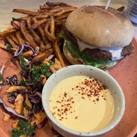 Homemade burger with sweet potato fries  at Mahalo - Hornsgatan in Stockholm