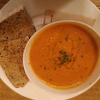Vegan soup of the day, red pepper, tomato and chilli at The Bristolian in Bristol