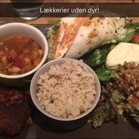 Dinner plate with Spanish bean pot, a wrap, “kålaffel” (kale-falafel) and a salad with aioli ??. at Persilleriet in Trondheim