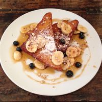 Delicious French toast with banana, blueberries and nuts at GustaV in Salzburg