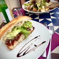 Sandwich of the day (surprise every time!) and GustaV salad, both were great! at GustaV in Salzburg