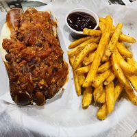 Coney vegan dog and fries  at Tickle Pickle in Cincinnati