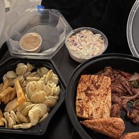 Vegan sampler platter (vegan chili not pictured) and fried pickles with a chipotle aioli (also vegan) at Smoke and Barrel in Washington