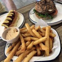 Classic hot dog, just beef burger and herbed fries  at Soul Burger in Randwick