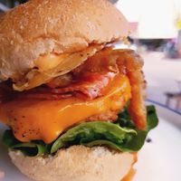 Sydney sider, so heavy it's toppling 😲 at Soul Burger in Randwick