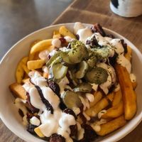 Loaded fries with no rib chunks, mayo, bbq sauce and pickles at Sweet Release in Wellington