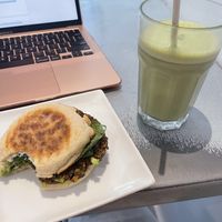 Vegan Wake-Up breakfast sandwich and matcha lattes (almond, no honey)  at Cafe Oranje in Hamilton
