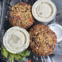 2 sunshine burgers heated up   at Tiger Lily Cafe in Port Jefferson
